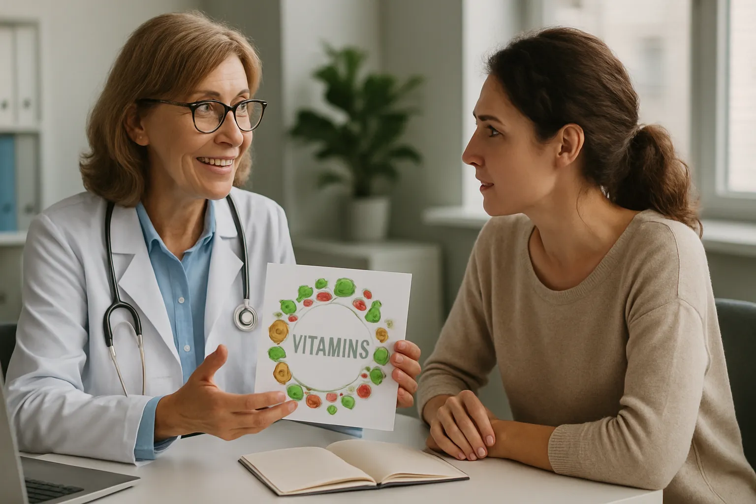 Médico conversando com paciente sobre deficiência vitamínica e níveis de energia em consulta especializada