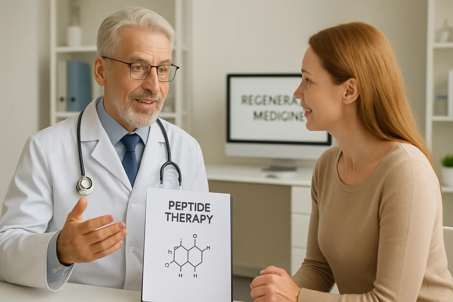 Médico especialista em medicina anti-idade conversando com paciente sobre tratamento com peptídeos bioativos em consulta personalizada