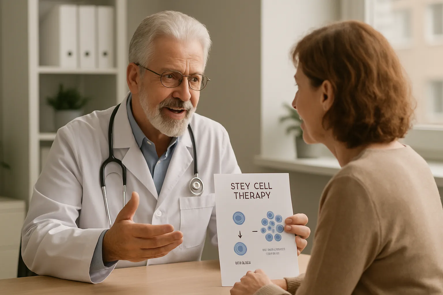 Médico especialista conversando com paciente sobre terapia com células-tronco em consulta personalizada