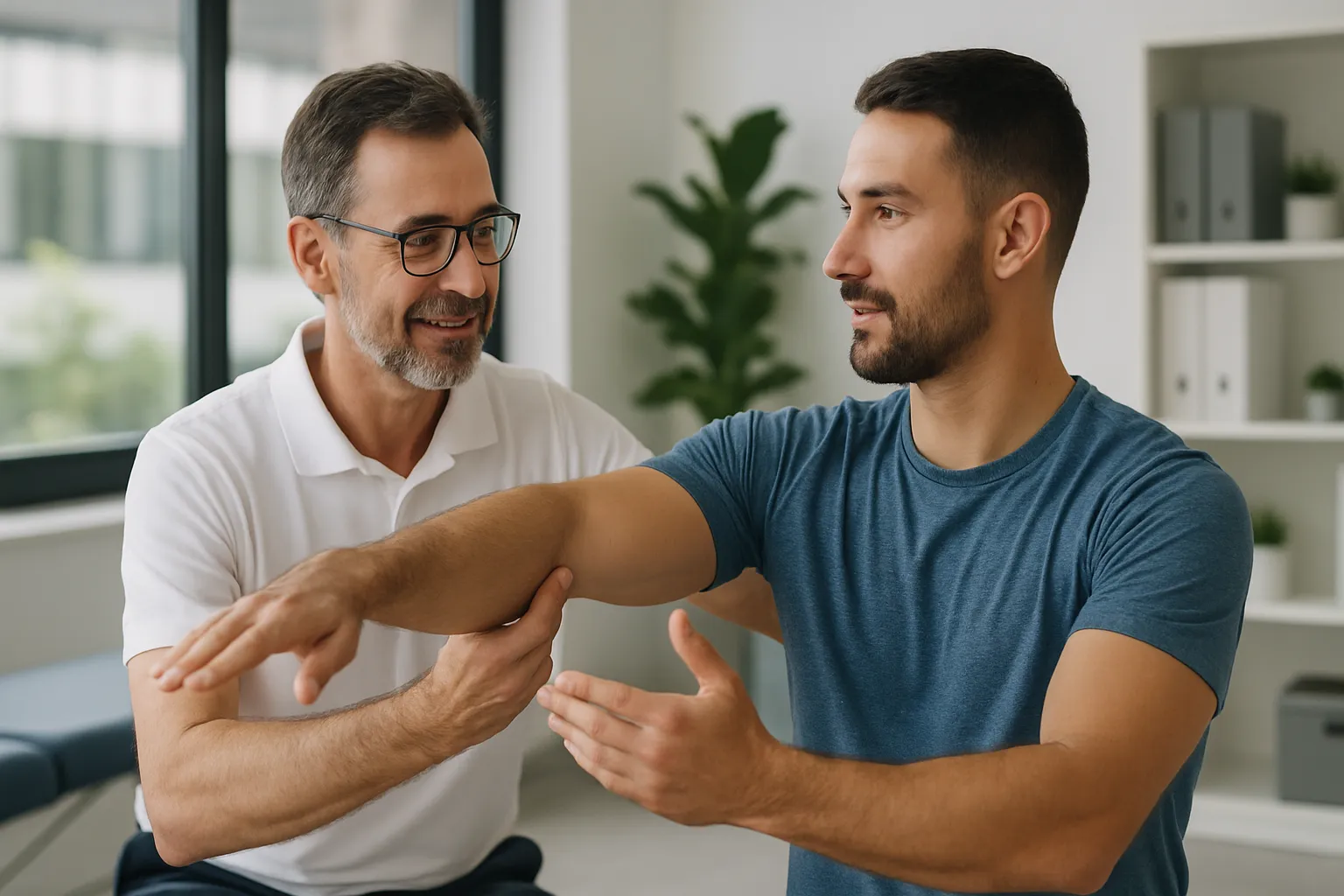 Fisioterapeuta especializado avaliando mobilidade de atleta em consulta personalizada