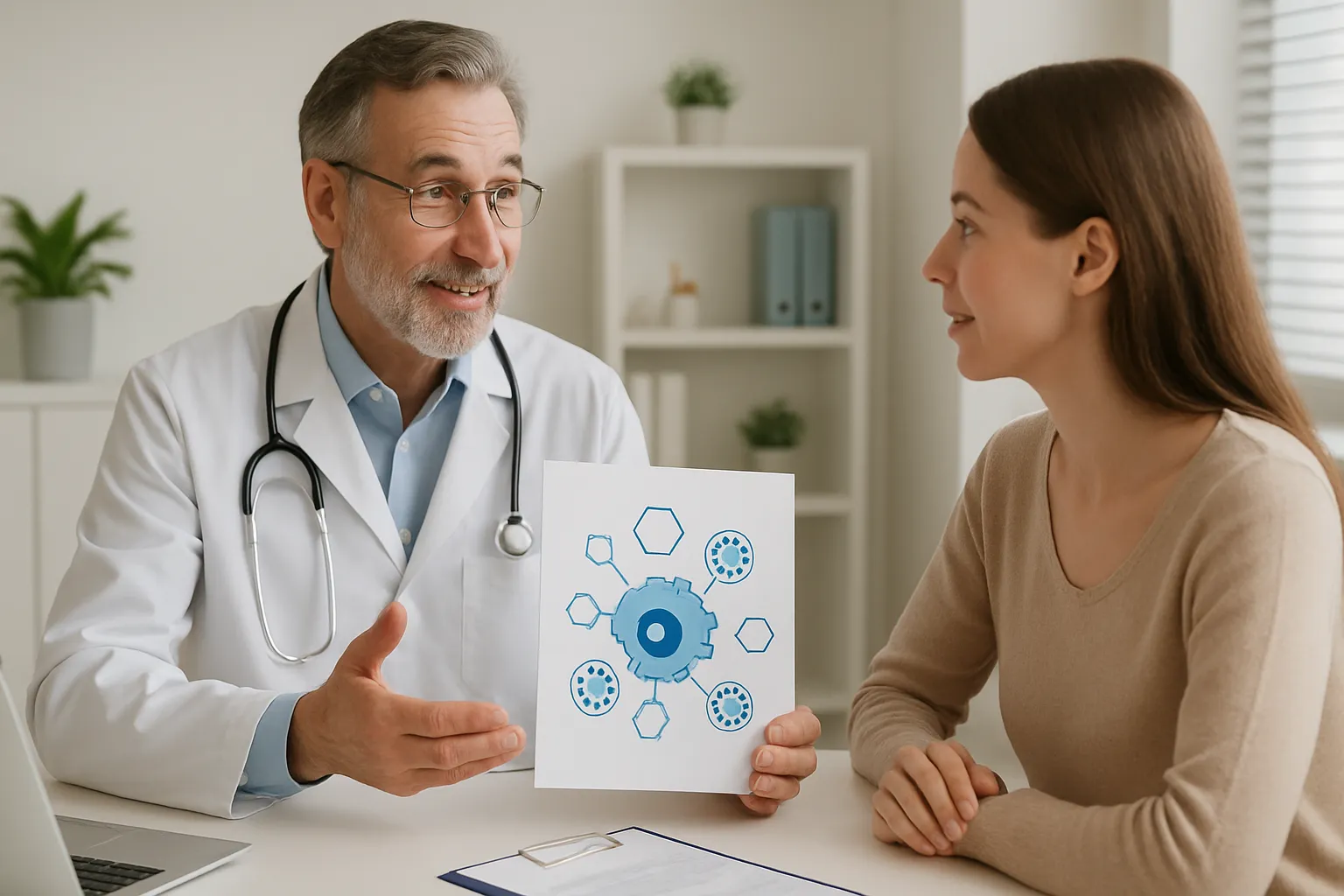 Médico especialista explicando tratamentos de nanotecnologia regenerativa para paciente em consulta personalizada