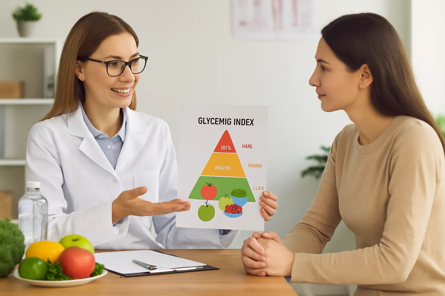 Nutricionista explicando índice glicêmico para paciente durante consulta personalizada sobre emagrecimento saudável