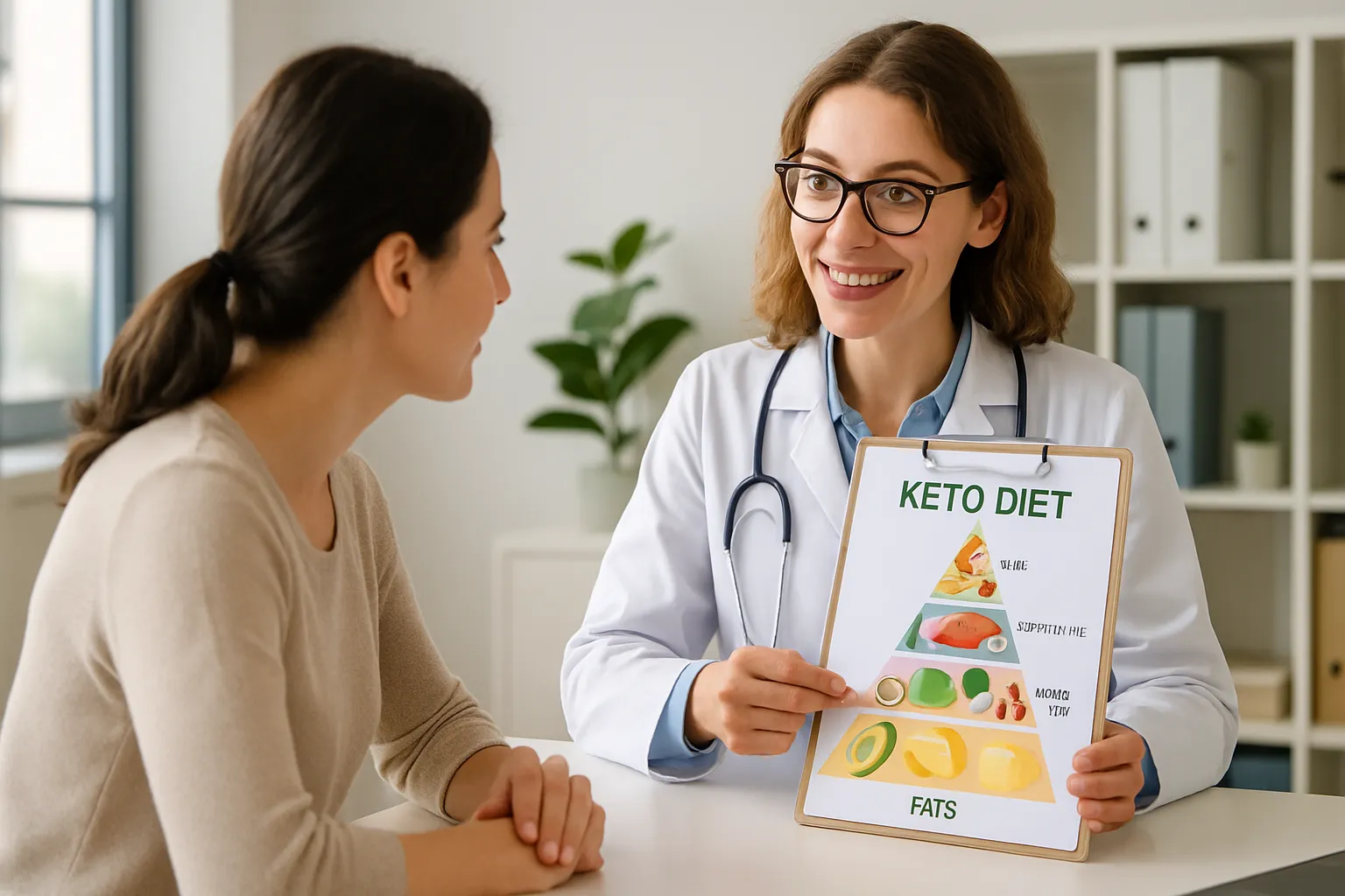 Nutricionista explicando os princípios da dieta cetogênica para paciente em consulta médica personalizada