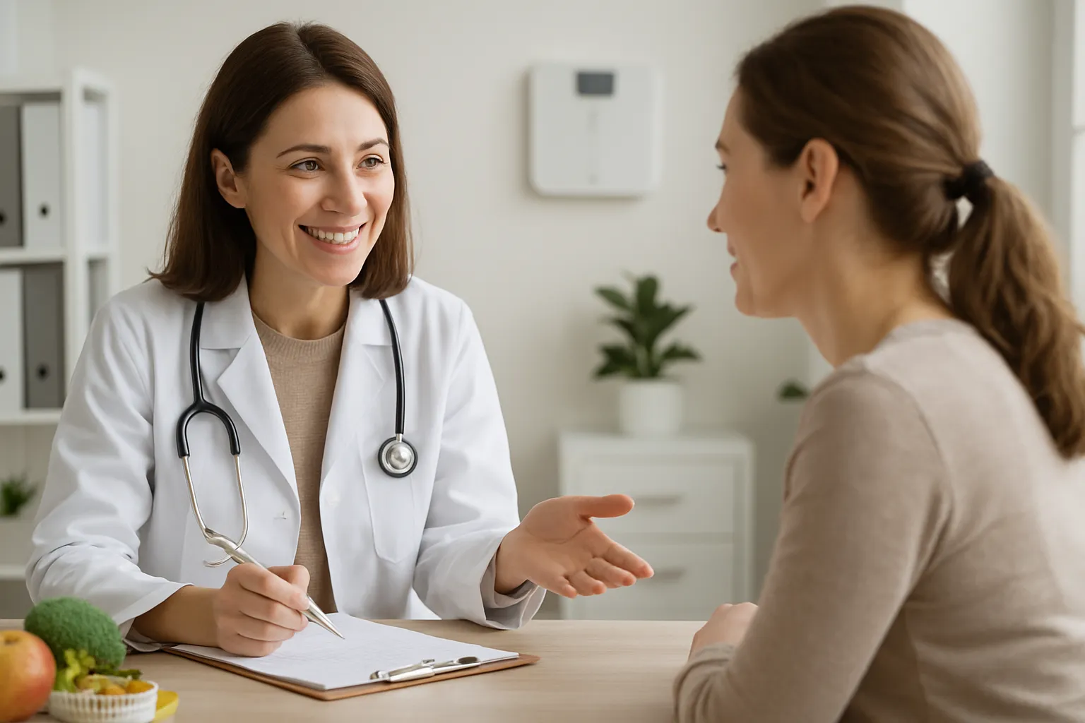 Nutricionista conversando com paciente sobre estratégias de emagrecimento e metabolismo em consulta médica