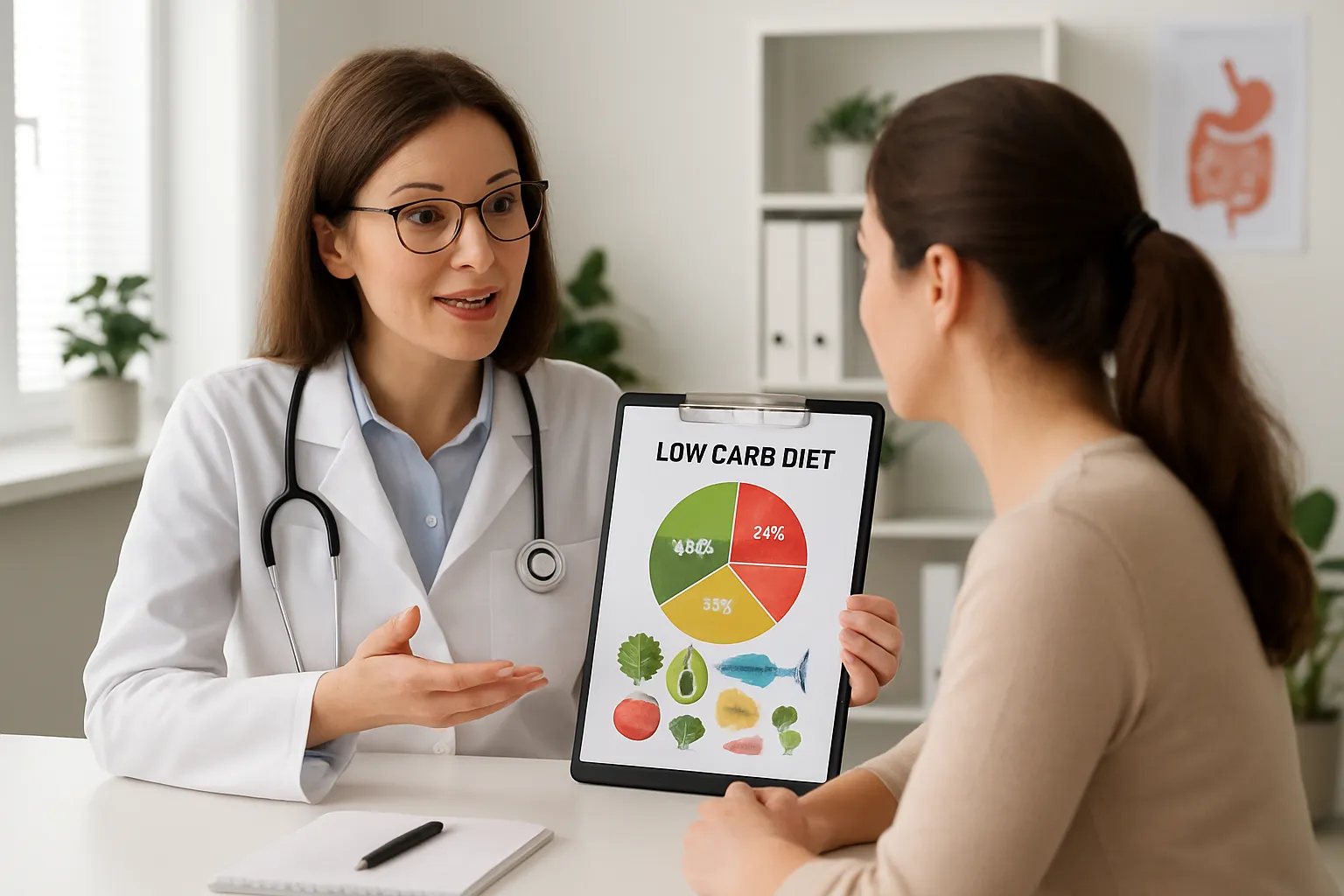 Nutricionista orientando paciente sobre dieta low carb em consulta médica profissional