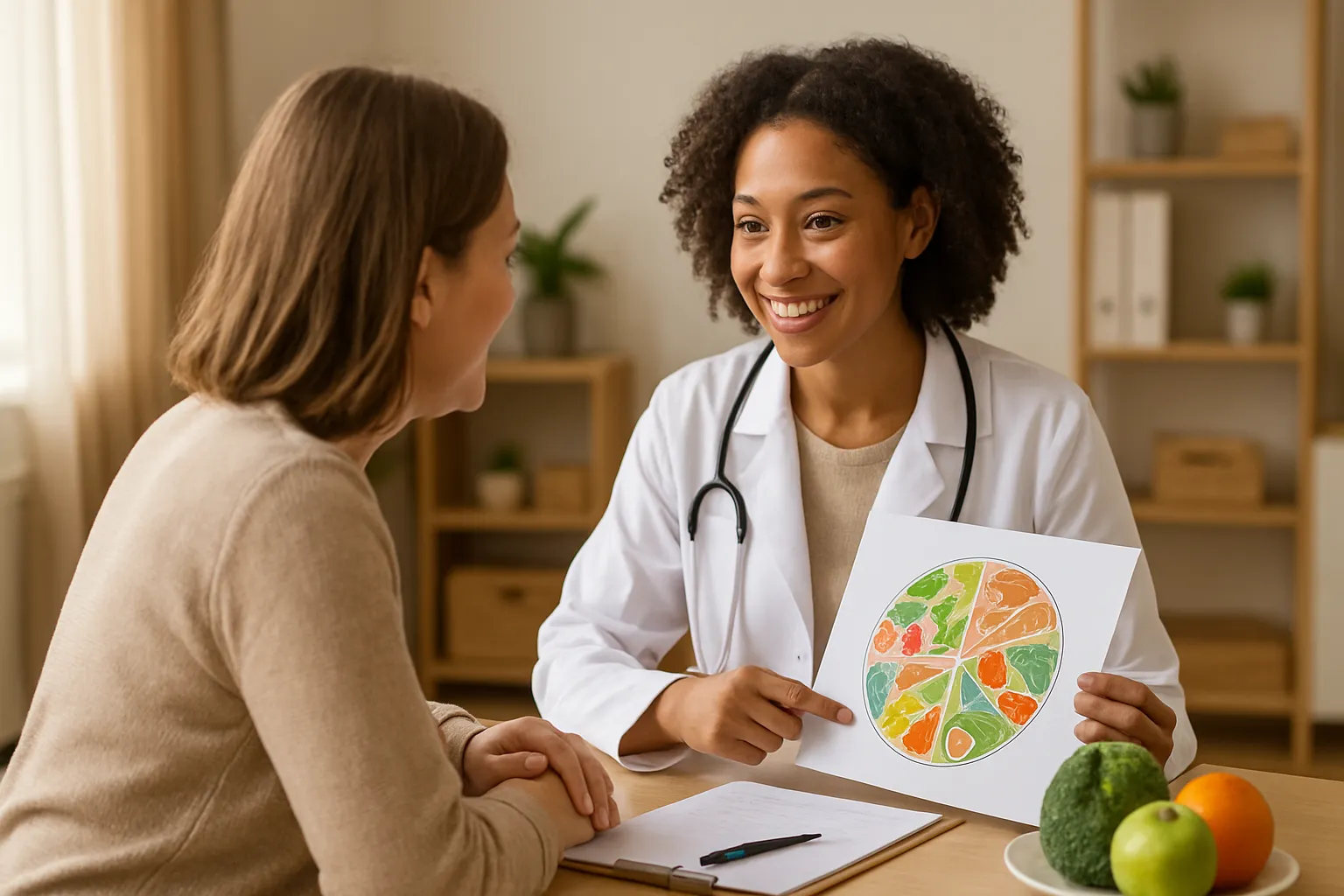 Nutricionista conversando com paciente sobre alimentação saudável em consultório médico