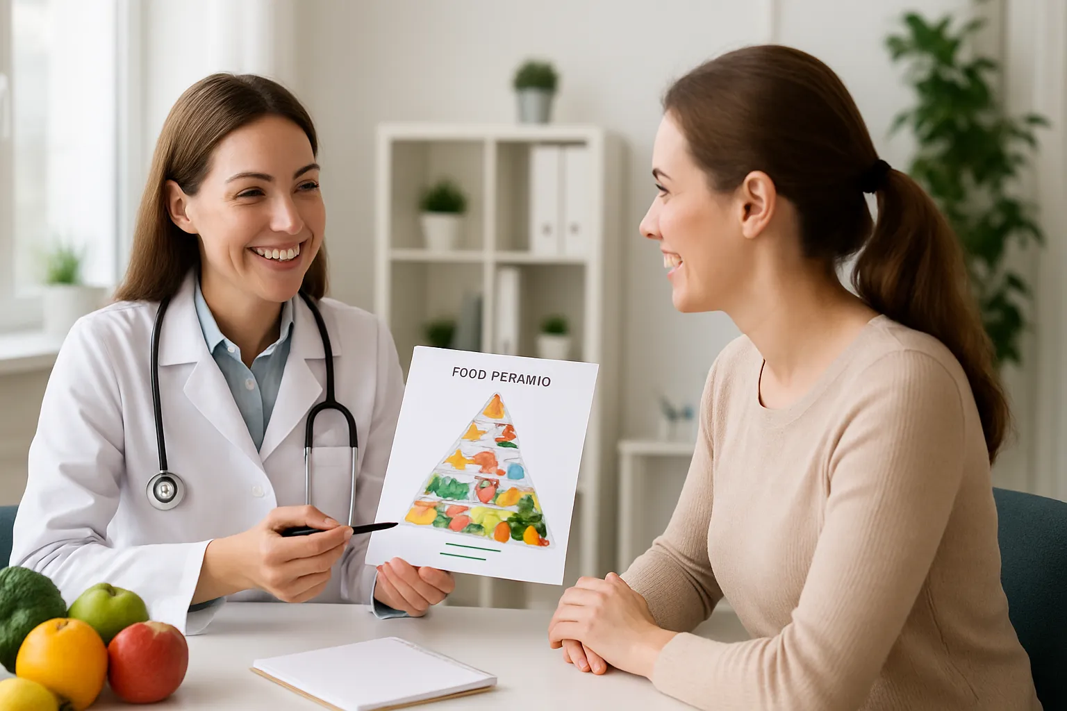 Nutricionista orientando paciente sobre reeducação alimentar em consulta profissional
