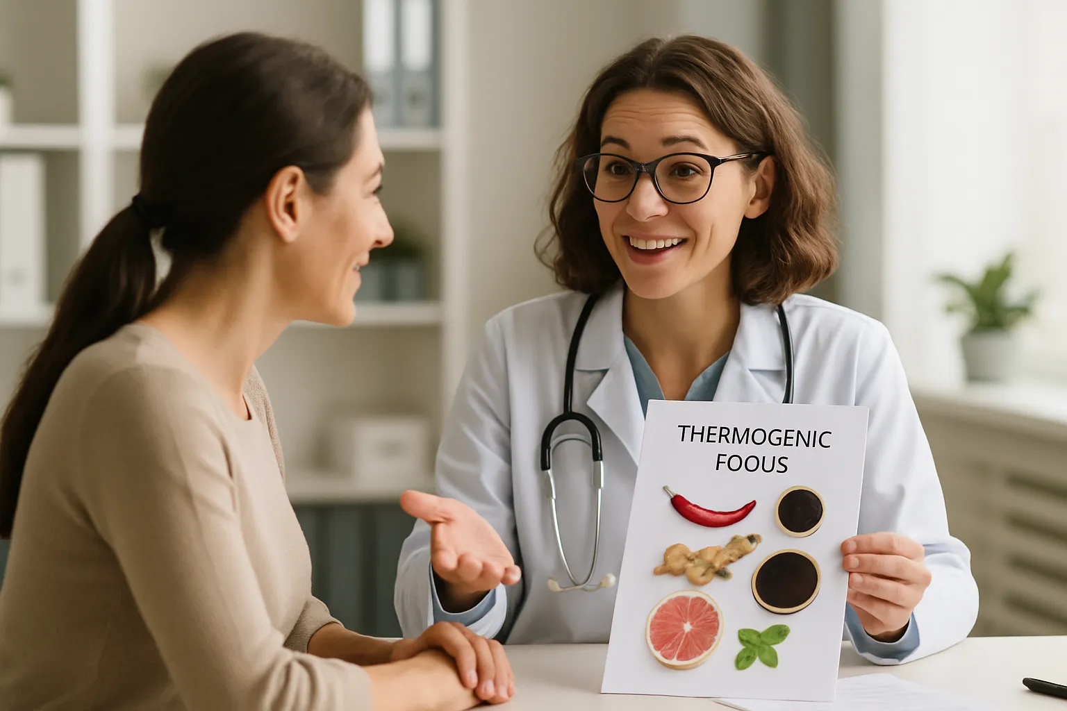 Nutricionista orientando paciente sobre alimentos termogênicos em consulta personalizada