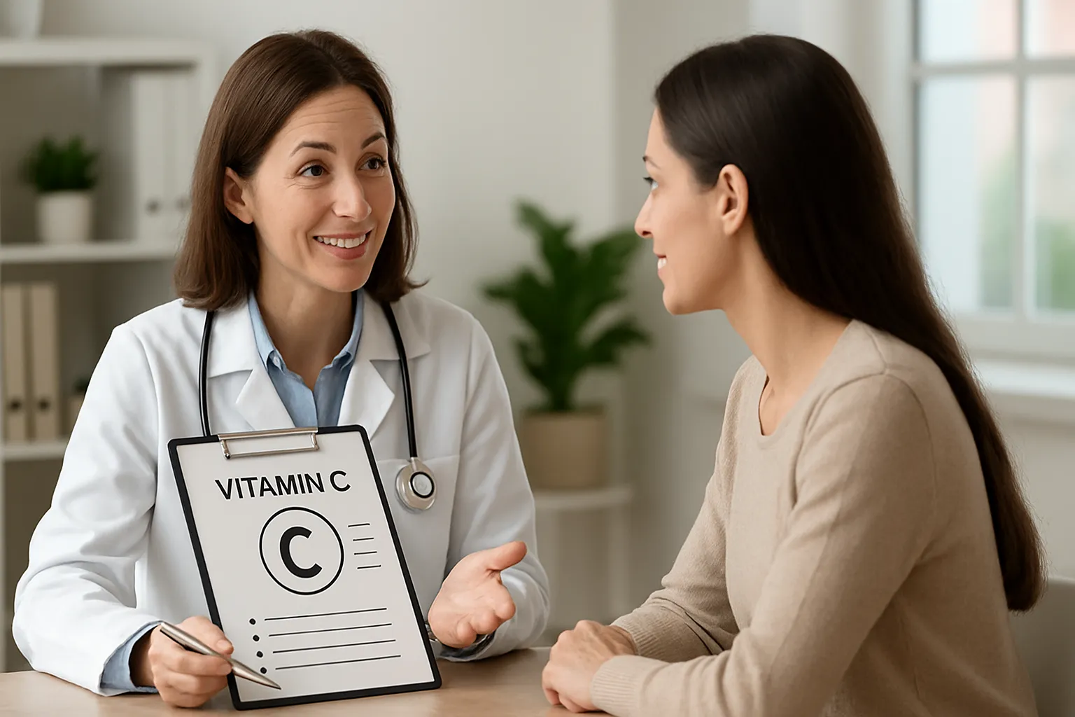 Nutricionista orientando paciente sobre benefícios da vitamina C em consulta médica