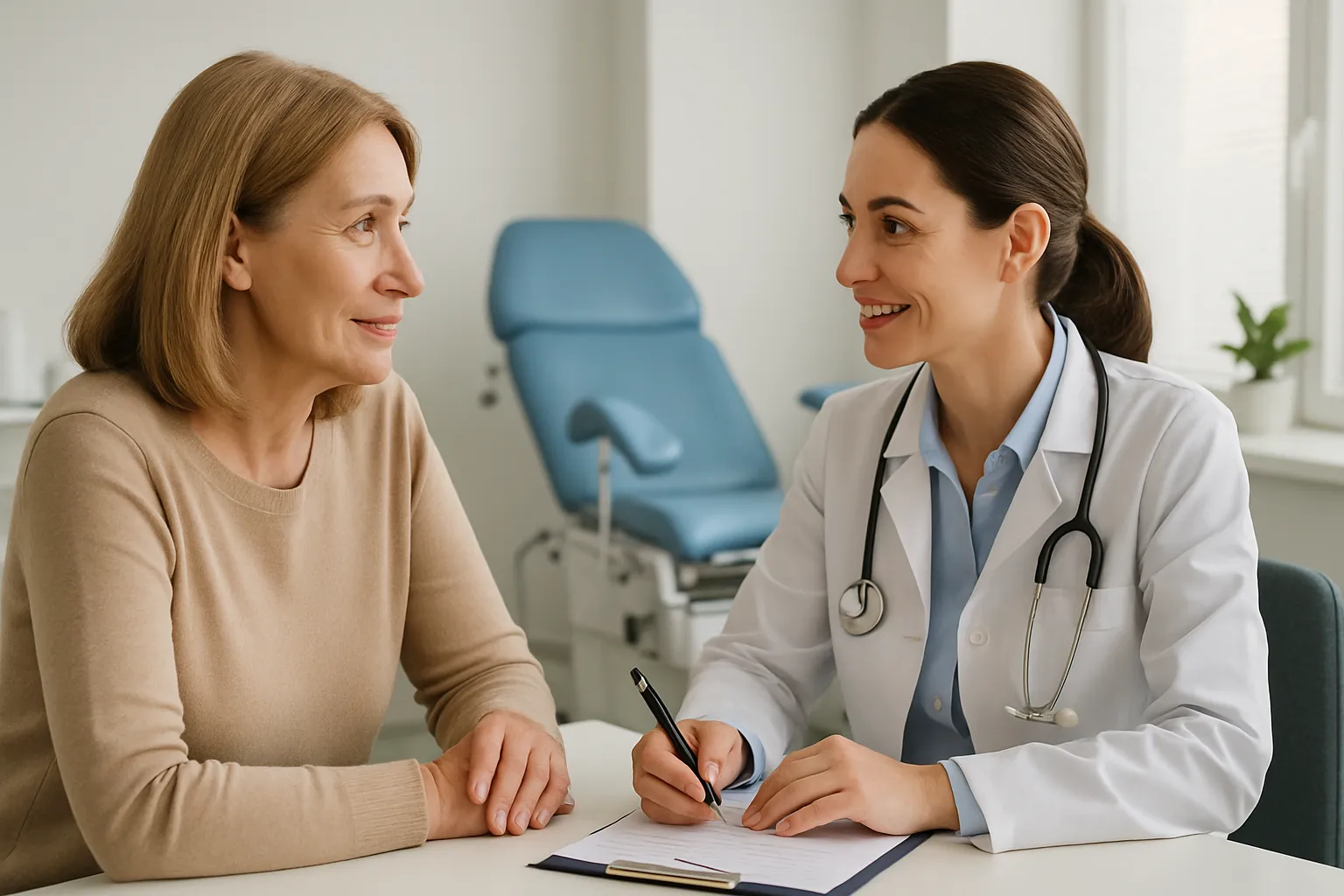 Médica especialista conversando com paciente sobre reposição hormonal em consulta acolhedora