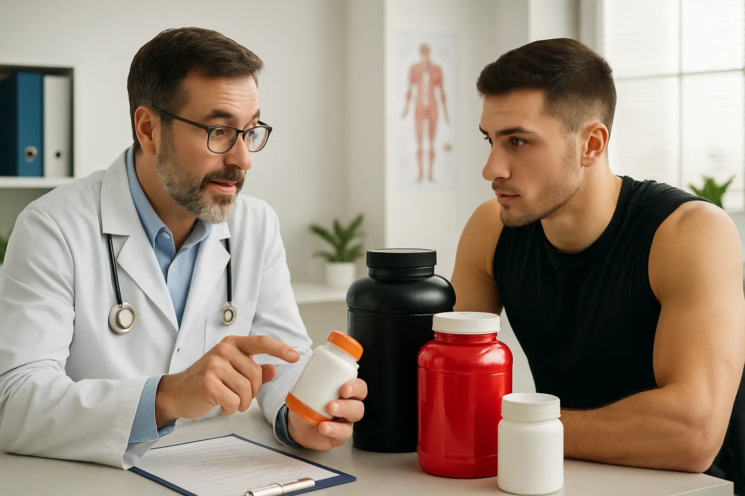 Nutricionista especializado orientando atleta sobre suplementação pré-treino em consulta personalizada