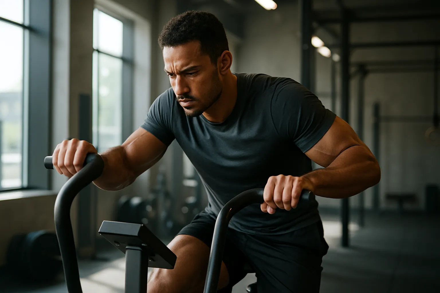 Atleta focado em momento de alta performance durante exercício, demonstrando concentração total e fluidez de movimentos característicos do estado de flow