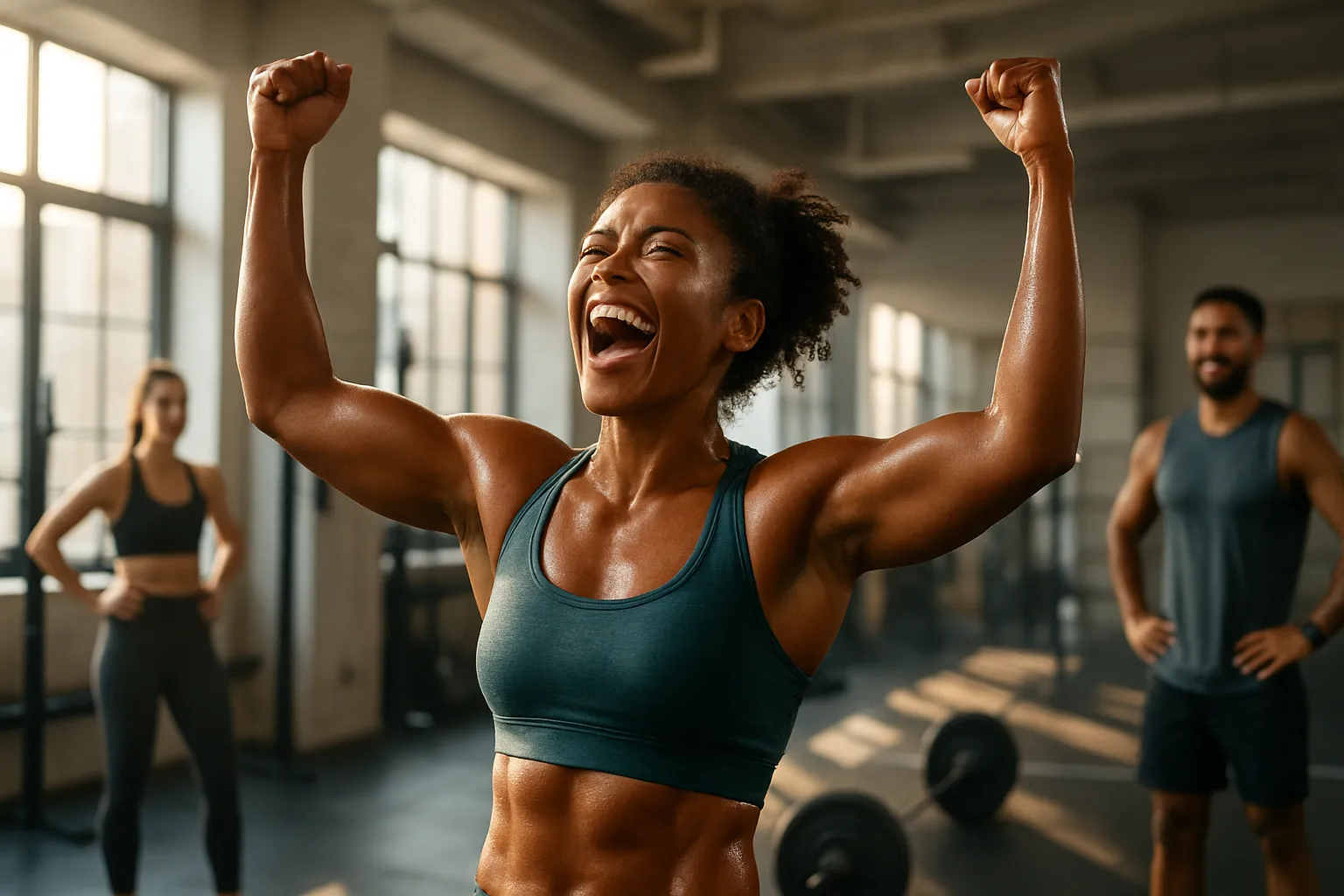 Atleta confiante celebrando conquista após treino intenso, demonstrando os benefícios da hidratação correta na performance esportiva