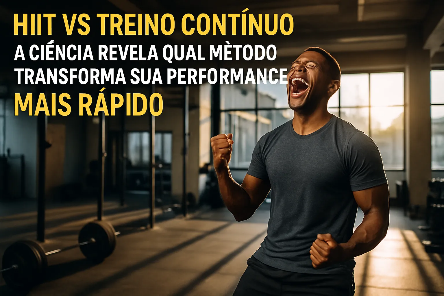 Pessoa atlética comemorando conquista após sessão de treino intervalado de alta intensidade, demonstrando satisfação e energia