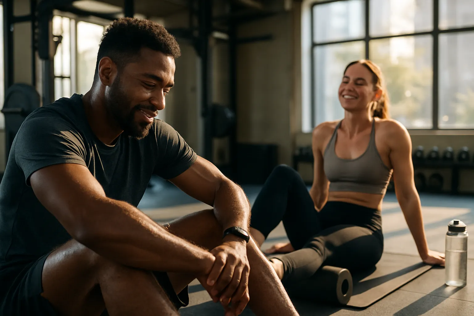 Atleta relaxado após exercício intenso, demonstrando momento de recuperação e bem-estar físico