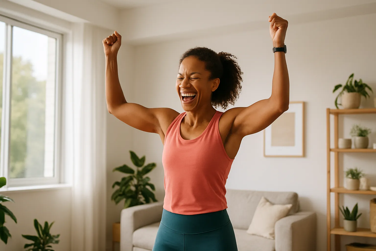 Atleta confiante celebrando melhoria de performance após implementar periodização nutricional, demonstrando transformação e conquista pessoal