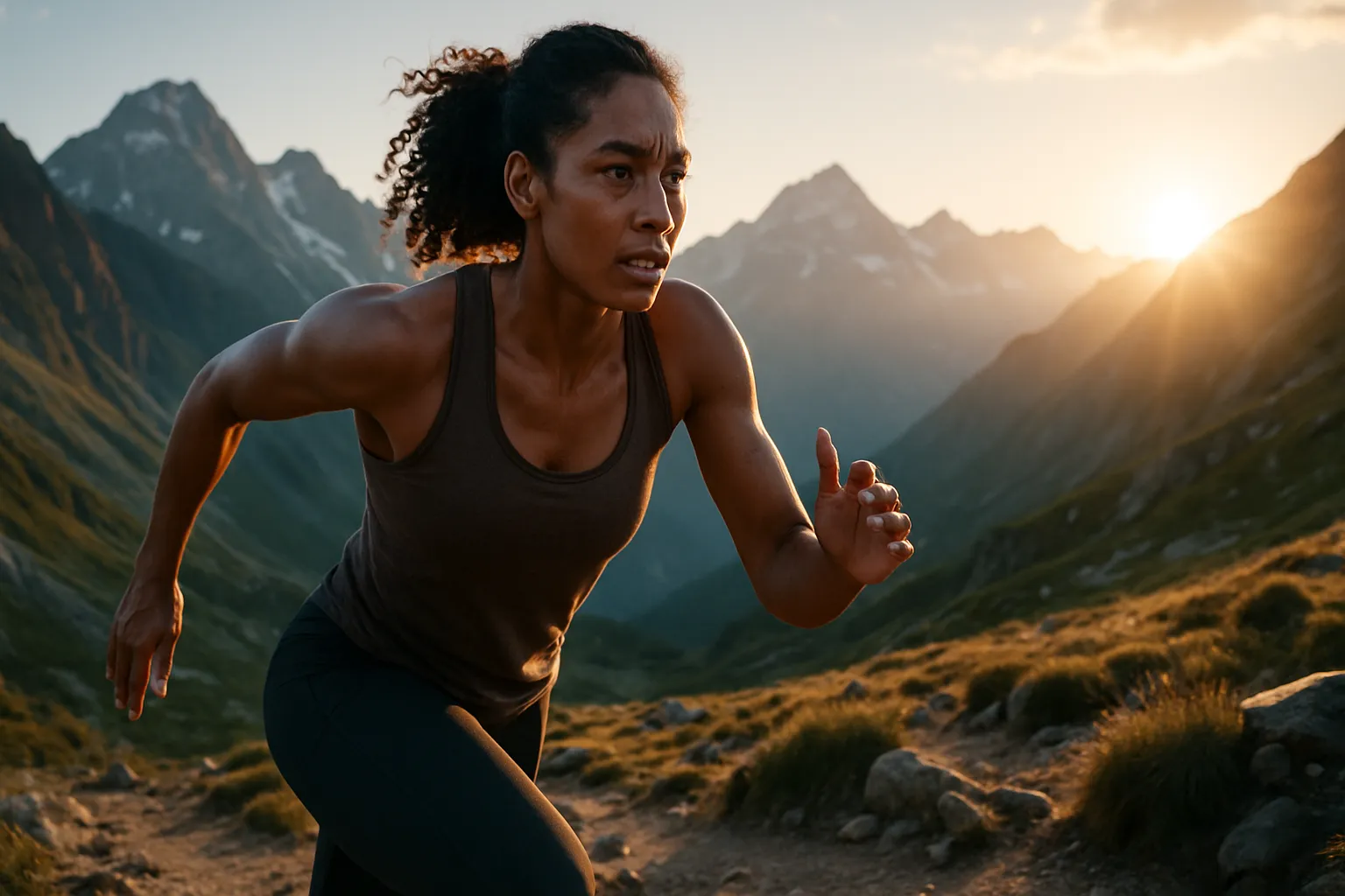 Corredor determinado treinando em montanha, demonstrando superação e evolução da resistência física através do treino em altitude