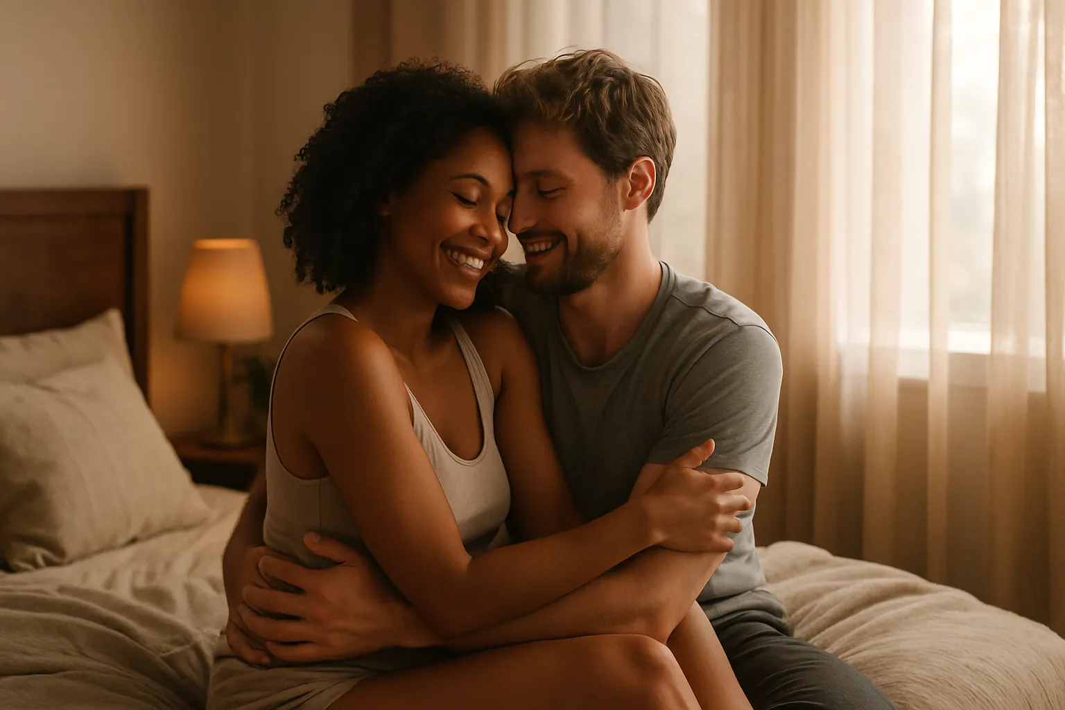 Casal jovem em momento de conexão íntima, abraçados em ambiente acolhedor, demonstrando bem-estar e satisfação mútua