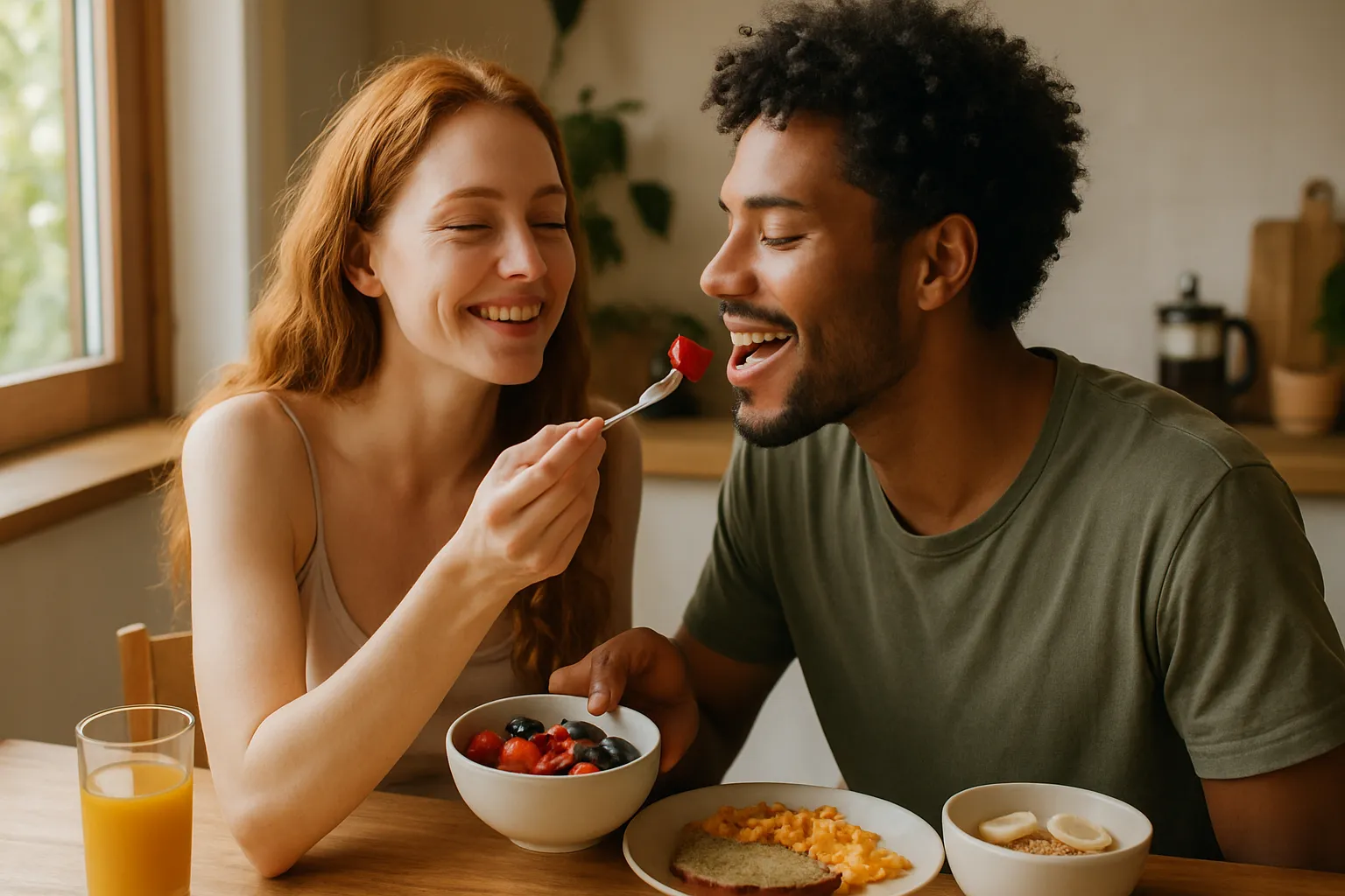 Casal feliz compartilhando momento íntimo e saudável, representando os benefícios da nutrição para o prazer sexual