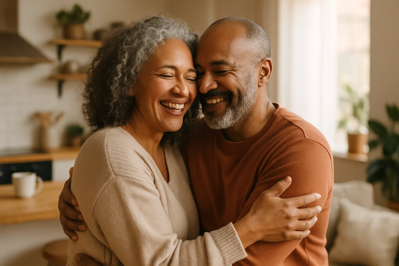 Casal maduro sorrindo e se abraçando em ambiente acolhedor, demonstrando conexão renovada e bem-estar após mudanças na alimentação