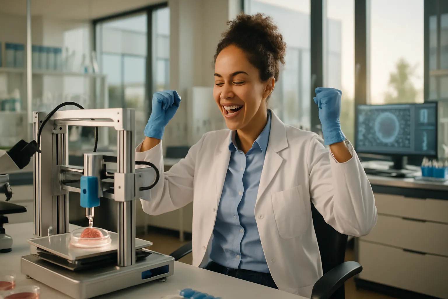 Pesquisador em laboratório demonstrando alegria genuína ao observar resultado de bioimpressão 3D bem-sucedida