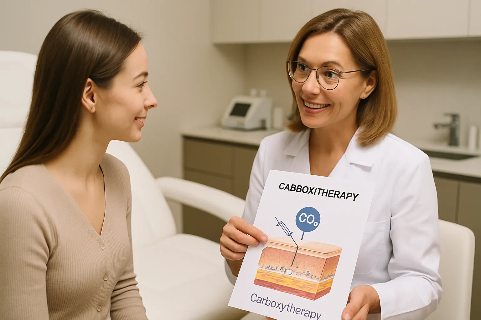 Médico especialista explicando o tratamento de carboxiterapia para paciente em consulta, demonstrando cuidado e profissionalismo