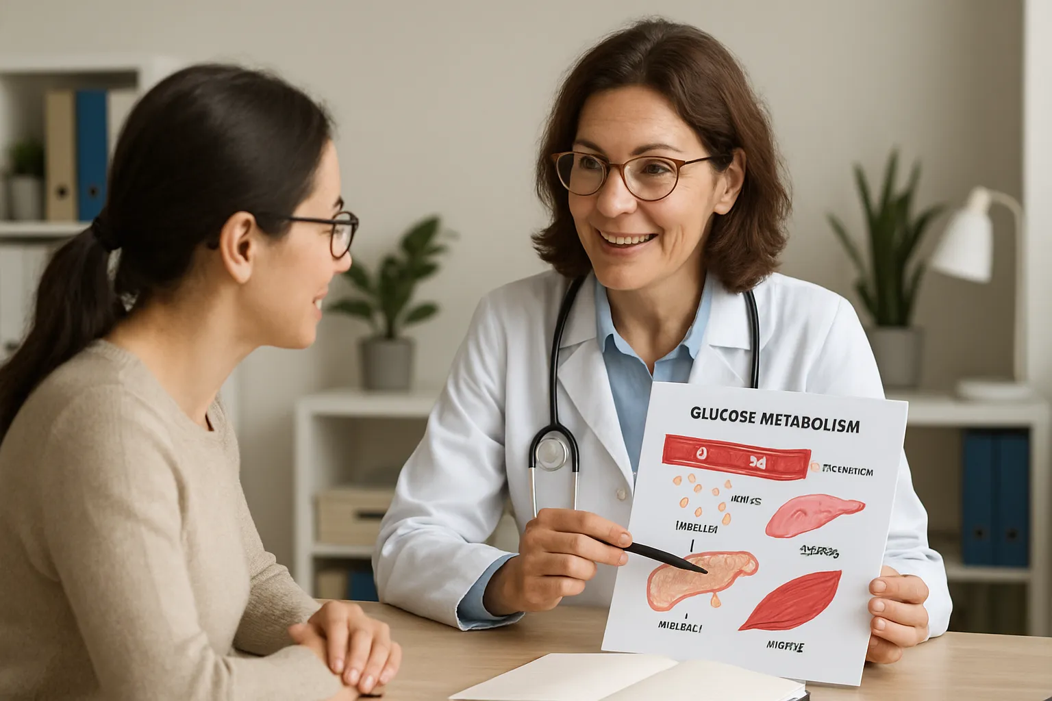 Médico especialista orientando paciente sobre controle de açúcar no sangue e metabolismo da glicose em consulta personalizada