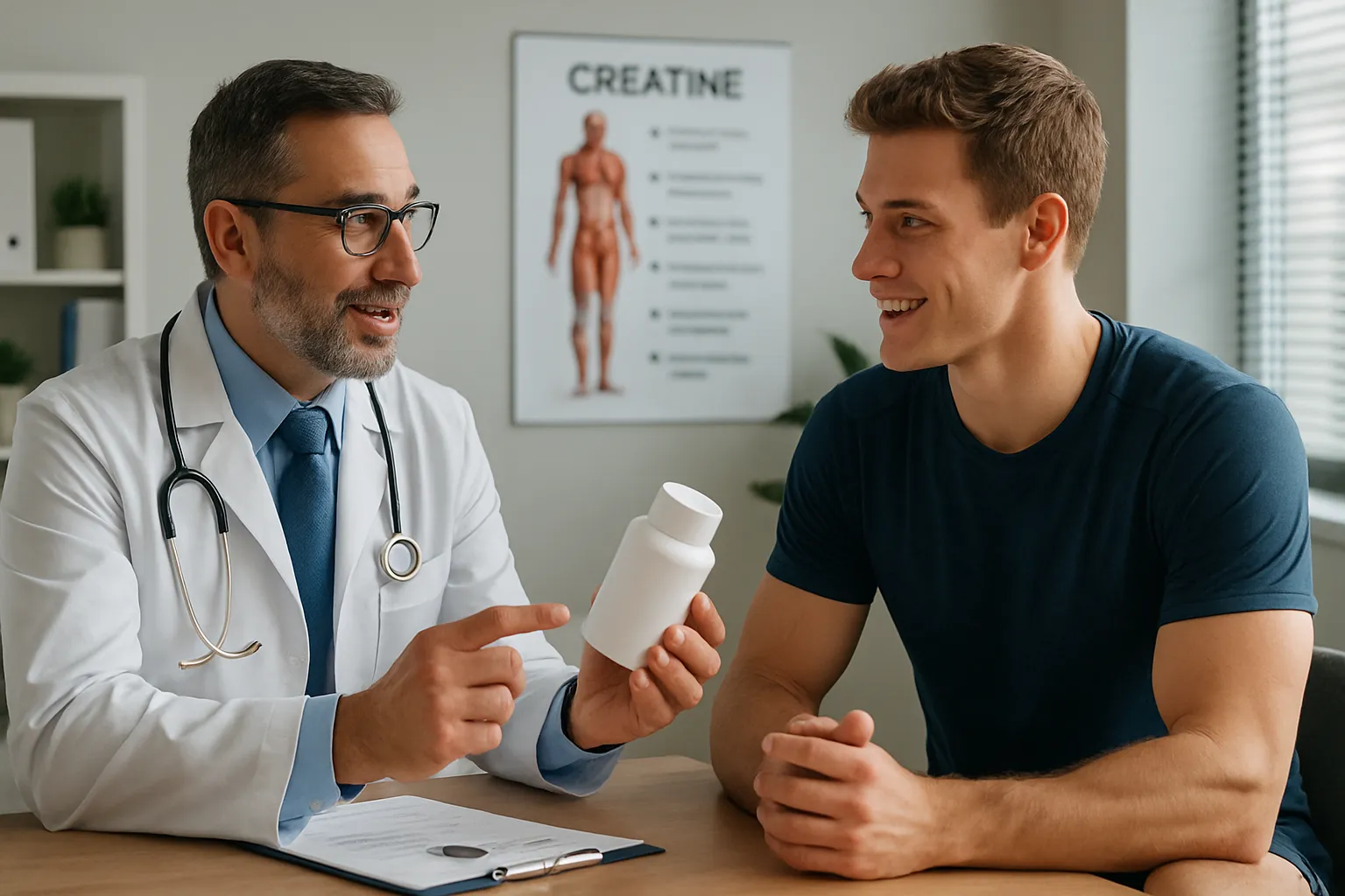 Médico especialista orientando paciente sobre uso correto de creatina em consulta personalizada