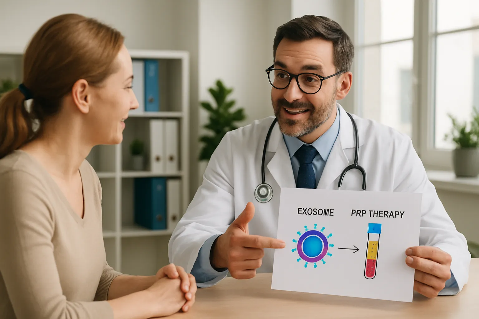 Médico especialista explicando terapia de exossomos e PRP para paciente em consulta personalizada