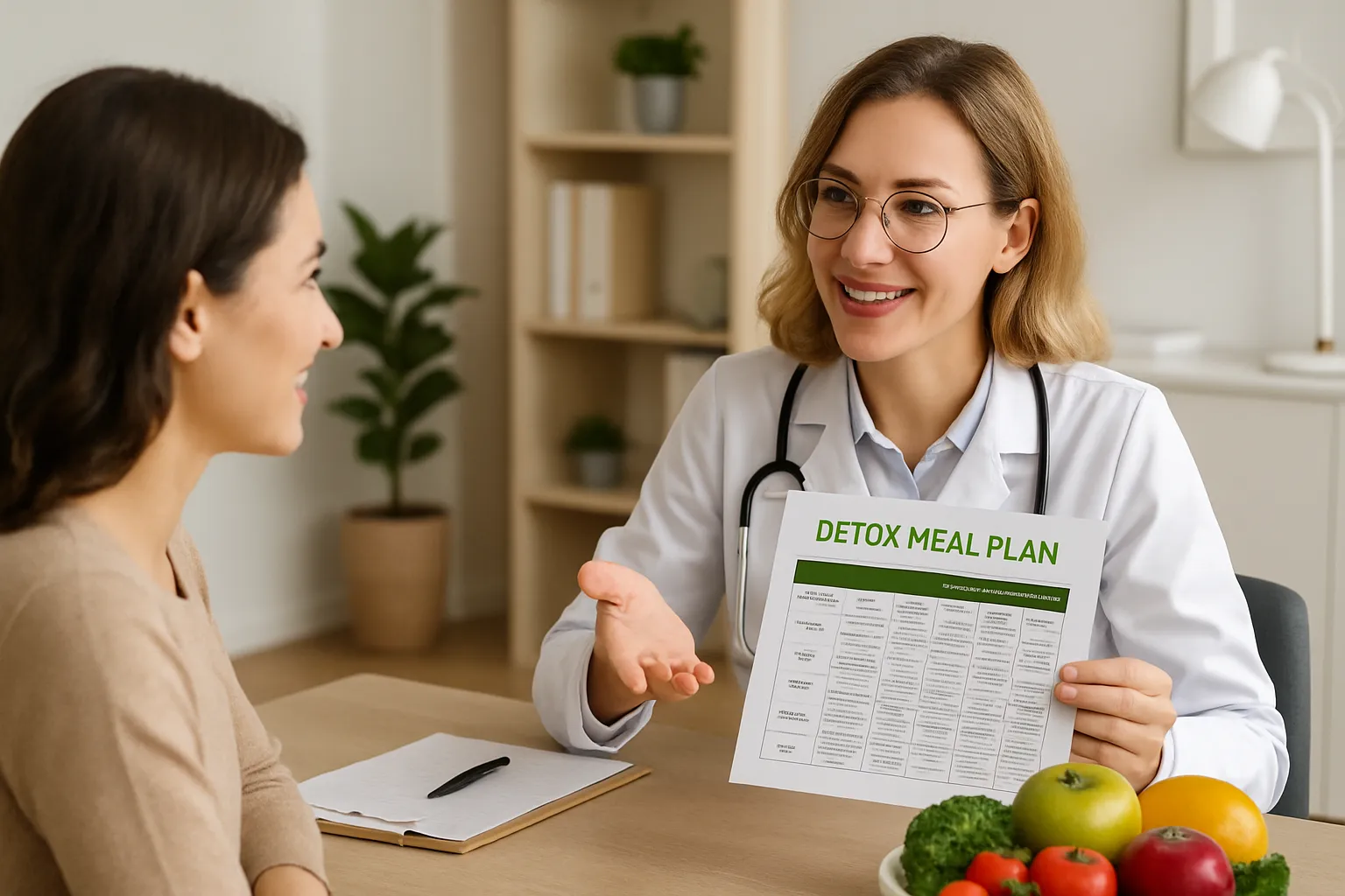 Nutricionista orientando paciente sobre cardápio detox personalizado em consulta profissional