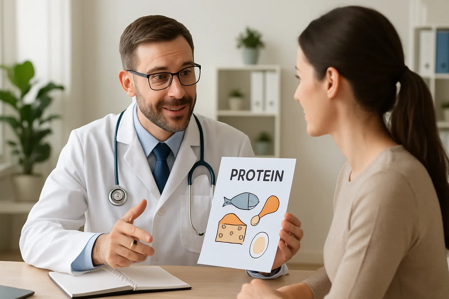 Nutricionista explicando os benefícios da proteína para emagrecimento durante consulta médica personalizada