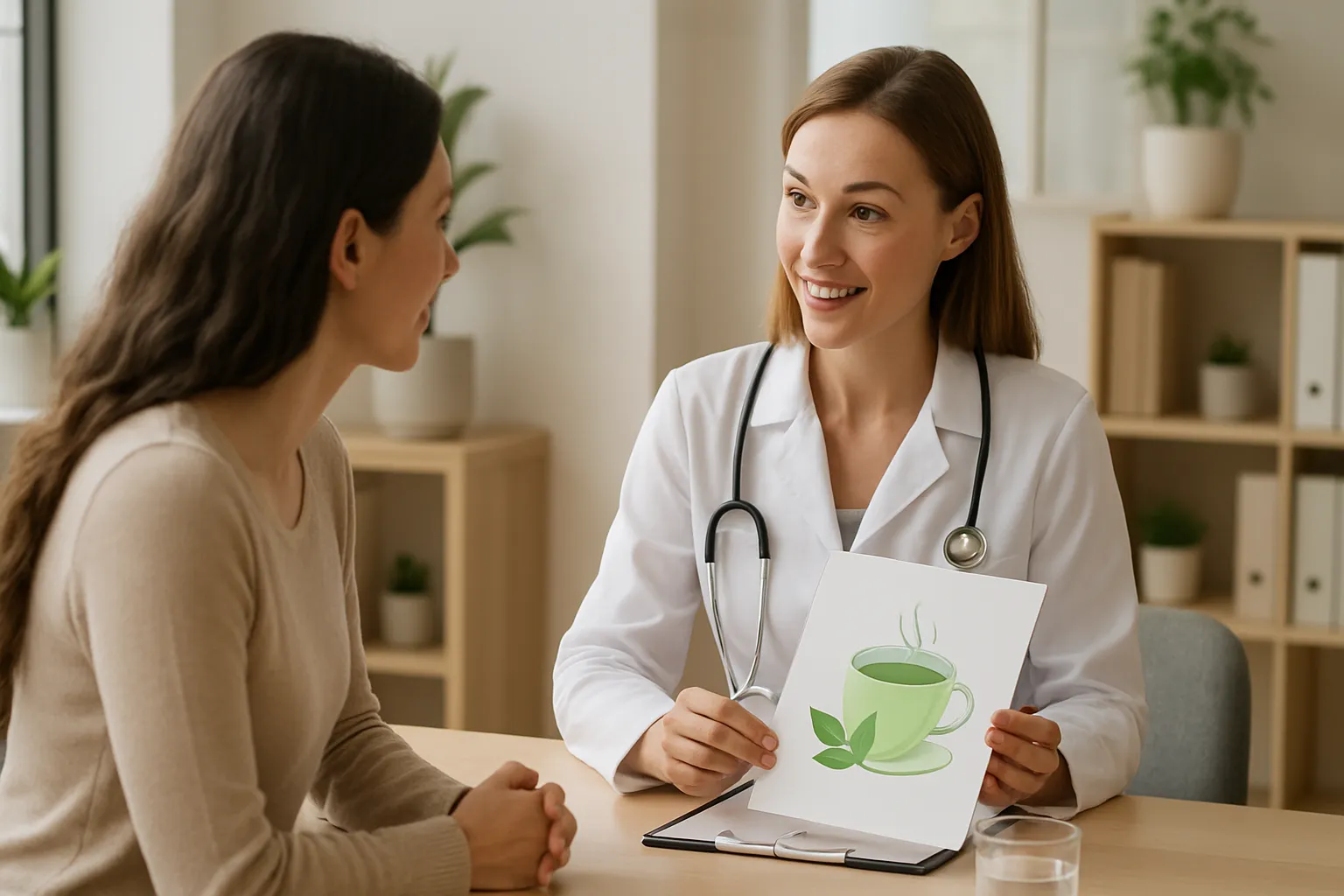 Nutricionista explicando os benefícios do chá verde para paciente em consulta especializada sobre emagrecimento natural