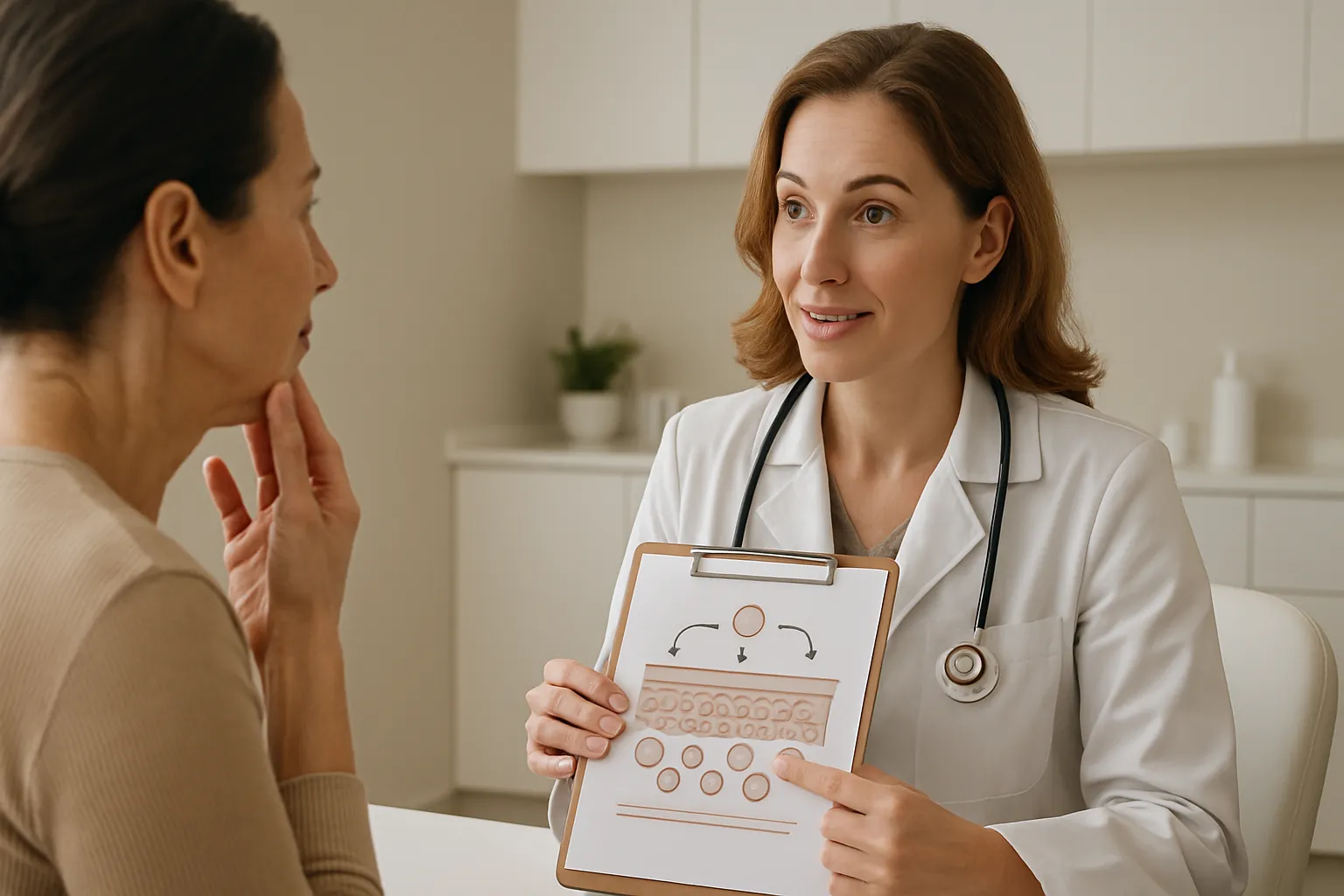 Médico especialista explicando tratamento de regeneração celular para paciente em consulta personalizada