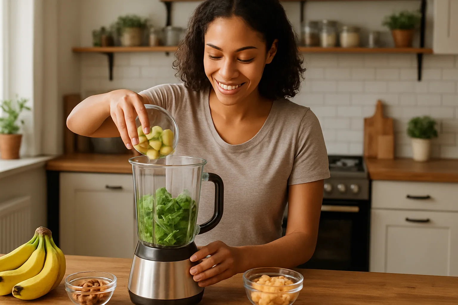 Pessoa preparando refeição saudável pela manhã em cozinha iluminada, demonstrando os princípios da crononutrição