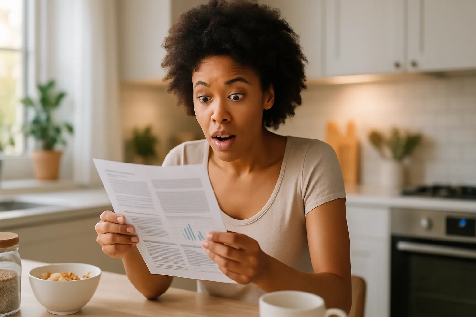 Mulher lendo informações científicas sobre adoçantes com expressão de surpresa e compreensão