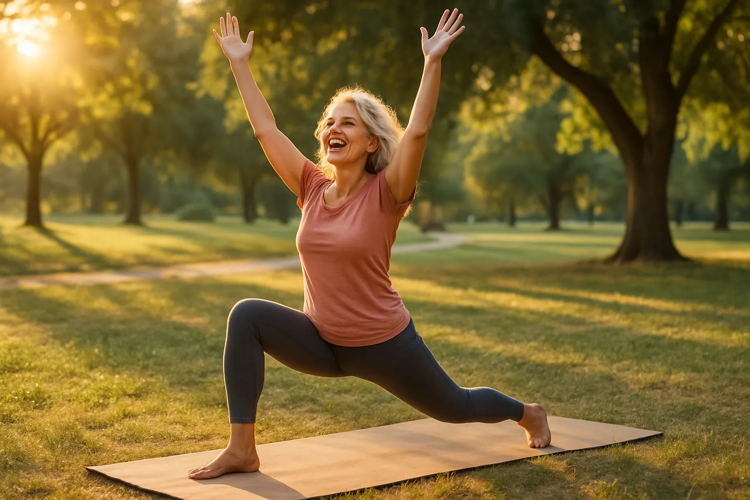 Mulher madura radiante praticando yoga ao ar livre, demonstrando energia e vitalidade celular renovada