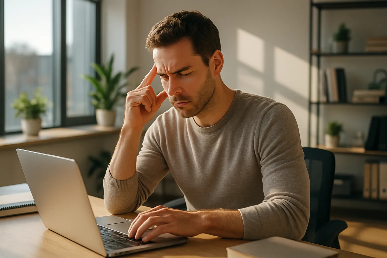Profissional concentrado demonstrando alta performance mental e foco intenso em ambiente de trabalho moderno