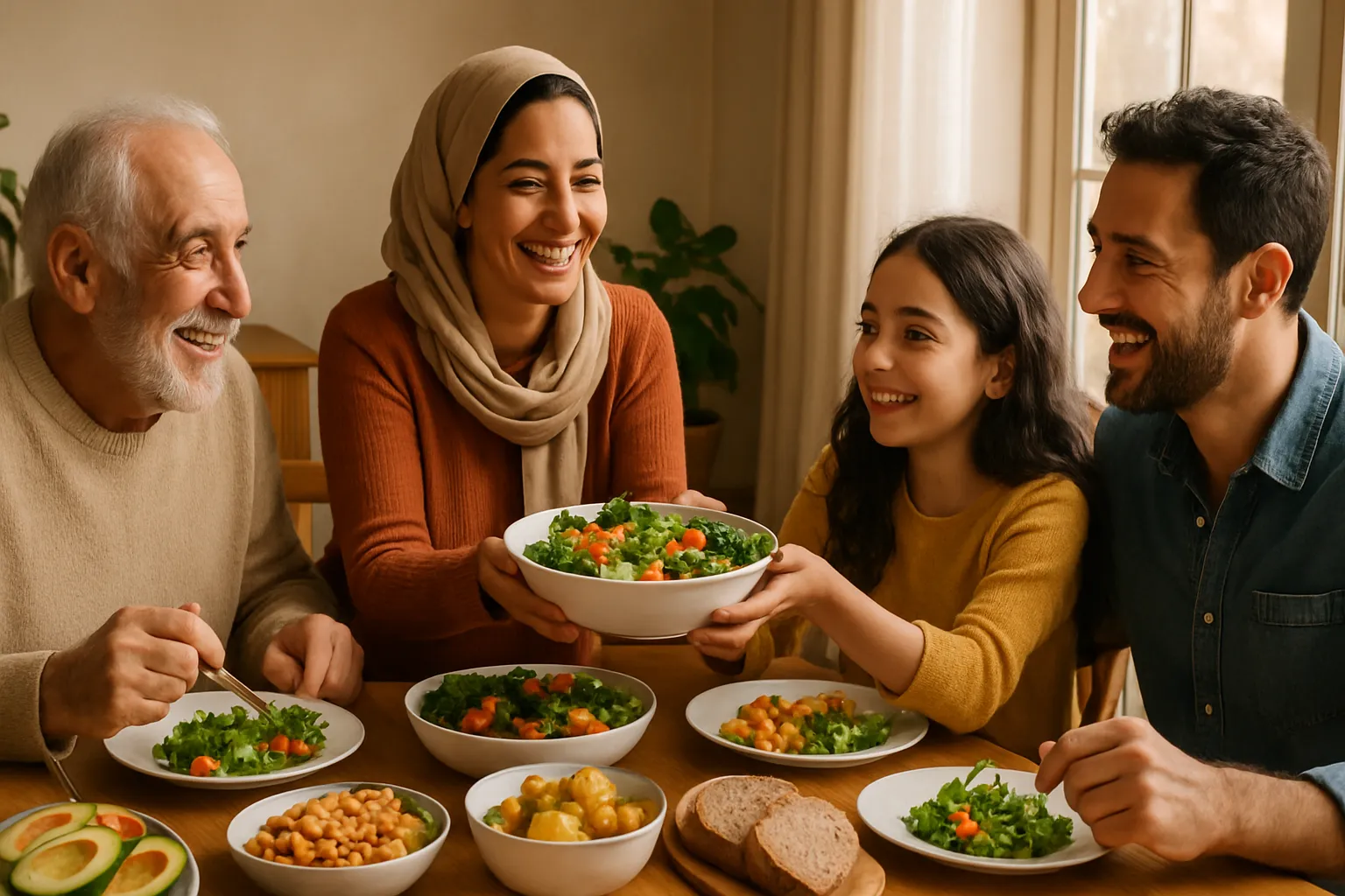 Família mediterrânea reunida ao redor da mesa compartilhando uma refeição saudável, demonstrando o aspecto social e humano da dieta mediterrânea