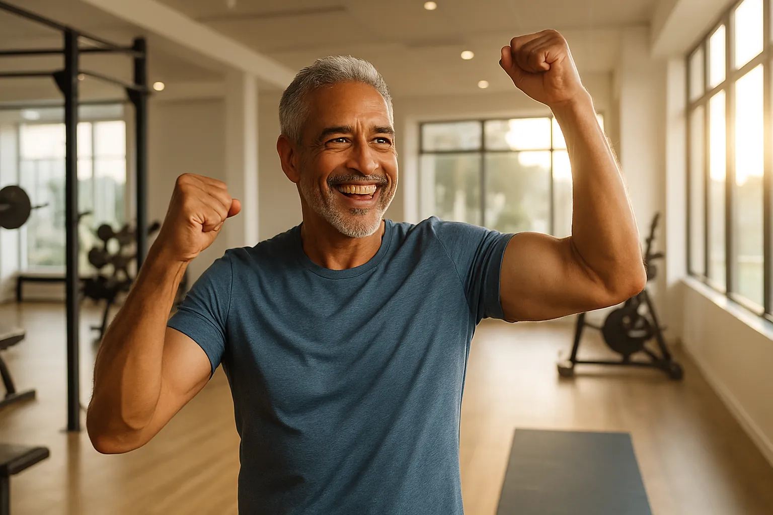 Homem maduro celebrando conquista de saúde em ambiente moderno, demonstrando energia renovada e vitalidade após otimização hormonal