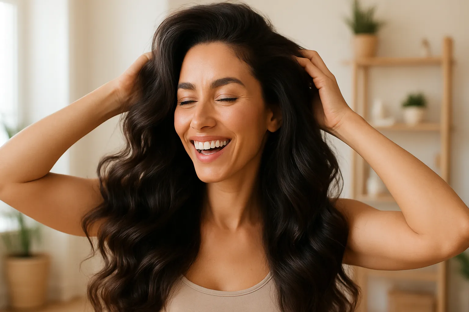 Mulher sorrindo com confiança tocando seus cabelos volumosos e brilhantes, demonstrando os resultados de um tratamento nutricional bem-sucedido para queda capilar