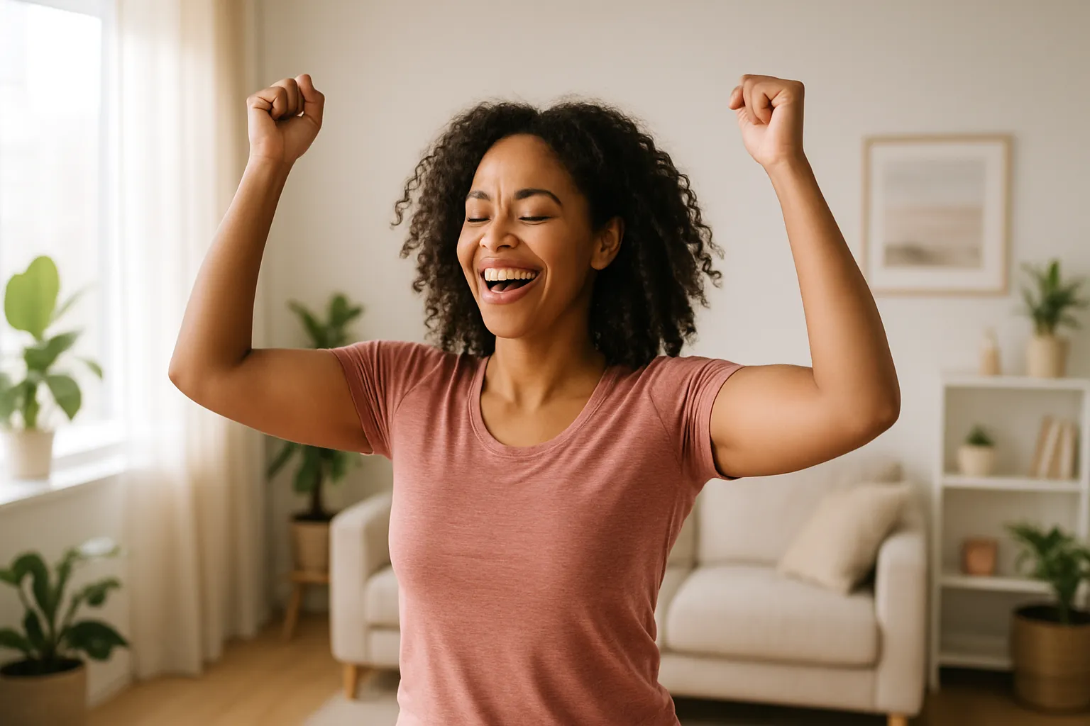 Mulher radiante celebrando conquista de equilíbrio hormonal após tratamento para SOP, demonstrando confiança e bem-estar em ambiente iluminado