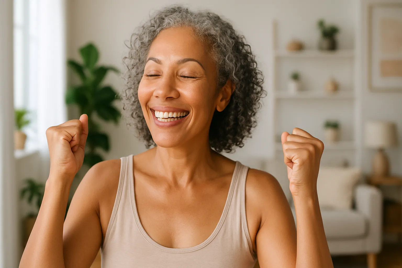 Mulher madura sorrindo com confiança, mostrando pele radiante e uniforme após tratamento inovador de melasma, em ambiente natural com luz suave