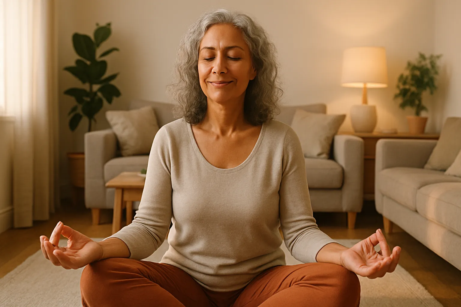 Mulher madura sorrindo com confiança em ambiente natural, representando equilíbrio emocional e bem-estar hormonal feminino