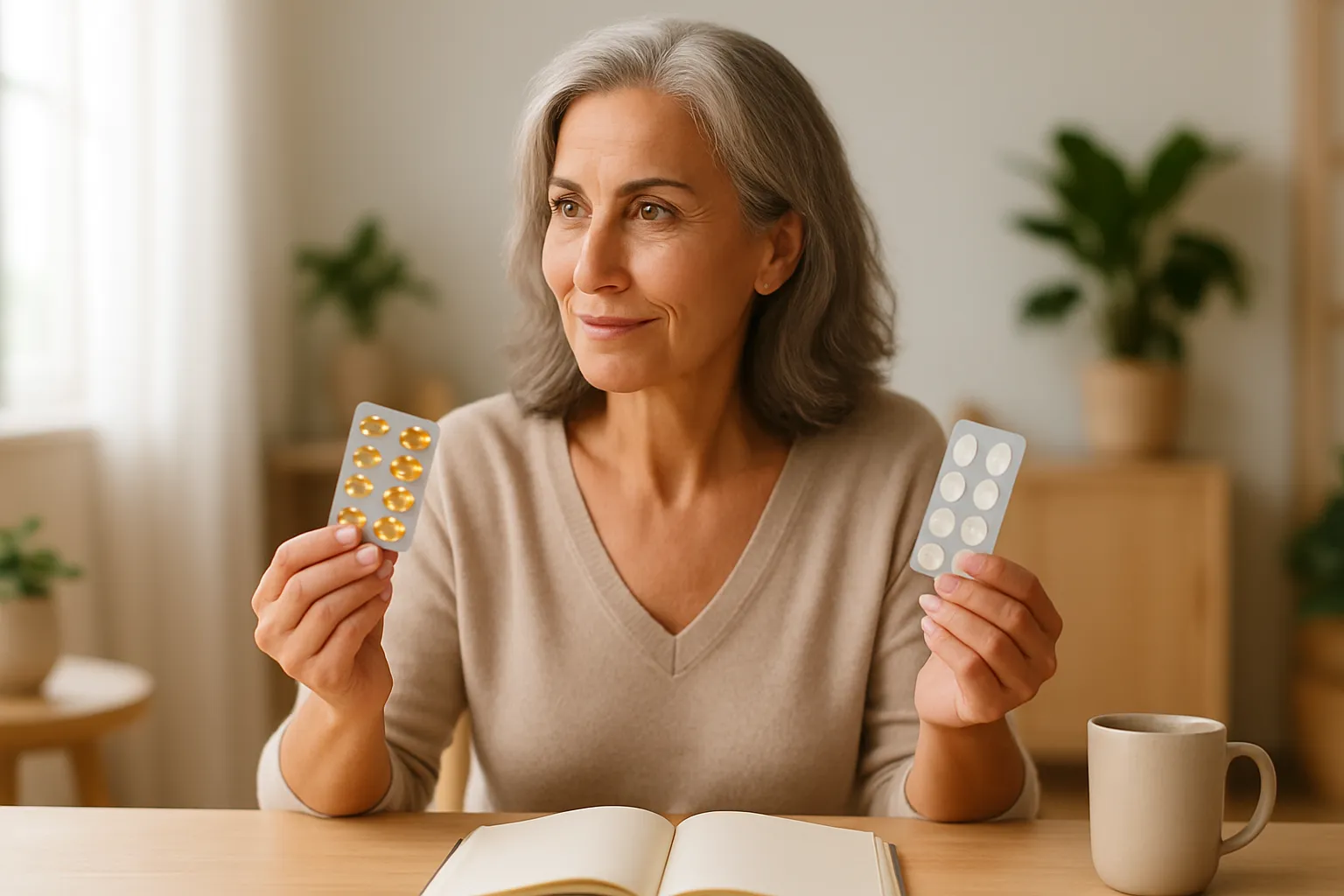 Mulher madura confiante analisando opções de tratamento hormonal em ambiente moderno e acolhedor, demonstrando empoderamento na tomada de decisões sobre sua saúde