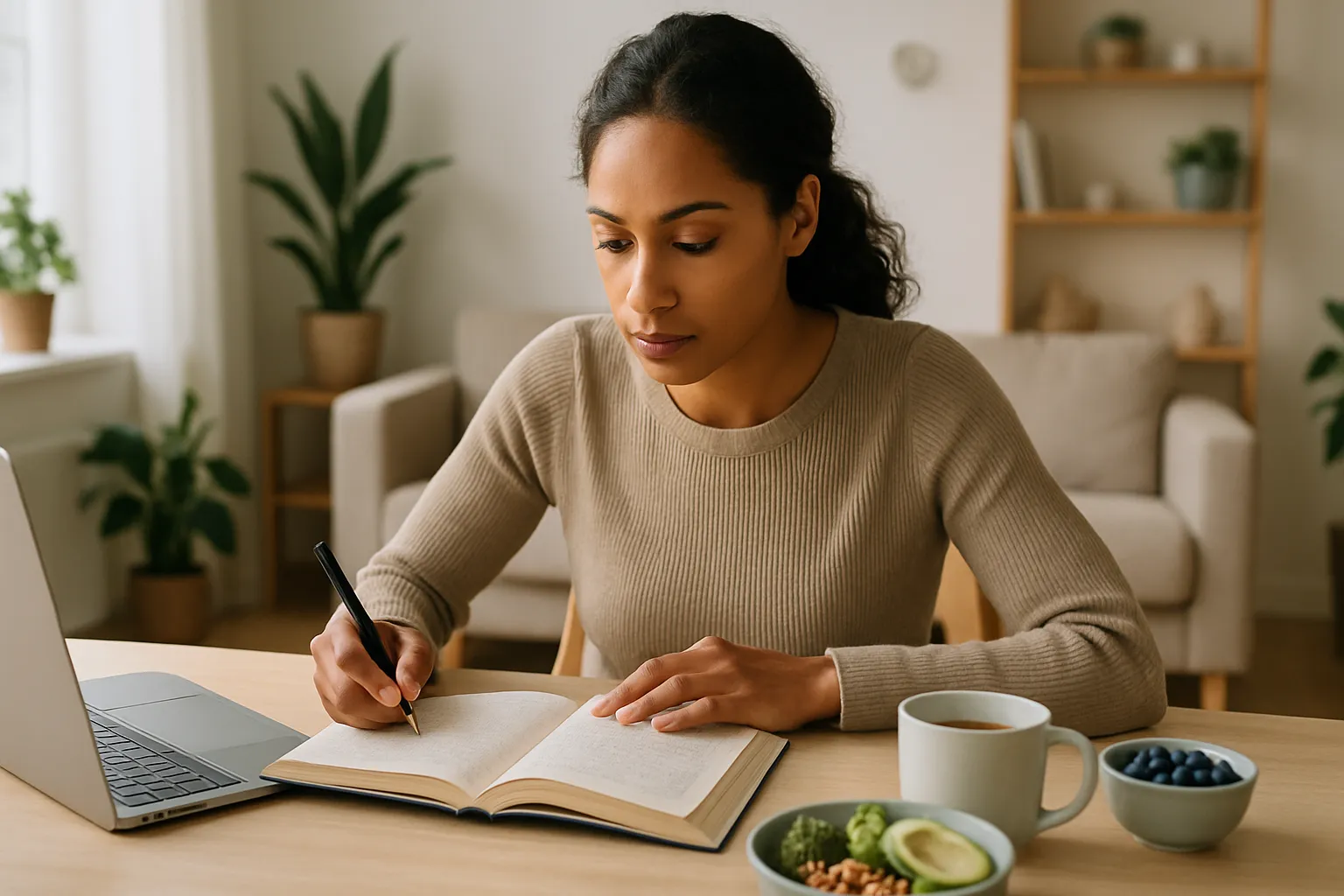 Mulher profissional concentrada lendo e fazendo anotações em ambiente moderno e iluminado, demonstrando foco mental e clareza cognitiva