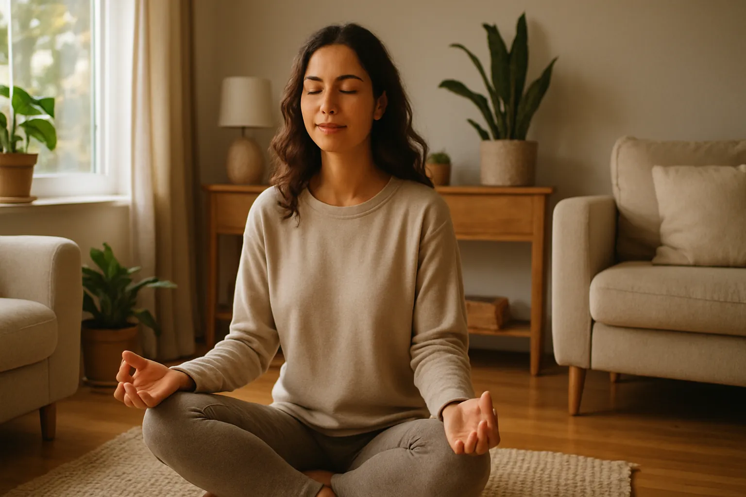 Mulher serena praticando meditação matinal em ambiente tranquilo, demonstrando equilíbrio emocional e bem-estar durante processo de emagrecimento hormonal