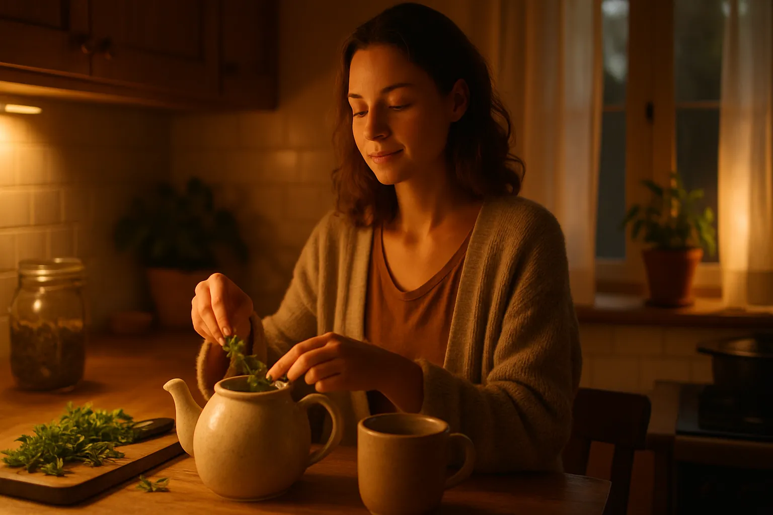 Mulher serena preparando chá de camomila em cozinha aconchegante durante ritual noturno para combater insônia naturalmente