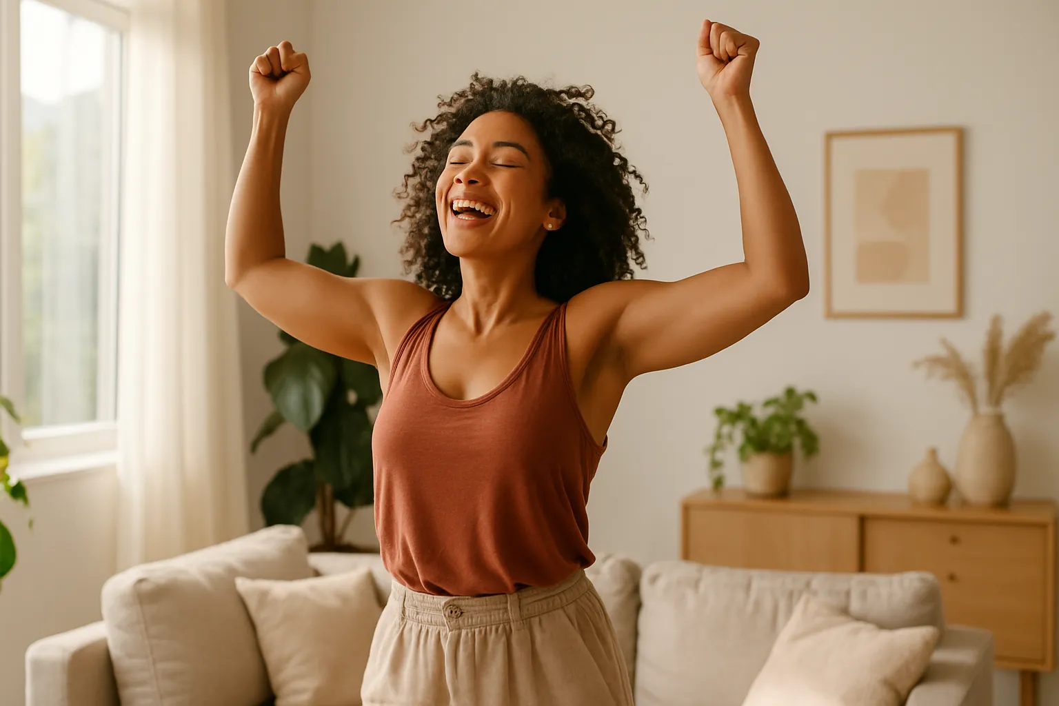 Mulher confiante celebrando recuperação da endometriose, expressando alívio e renovação da energia feminina