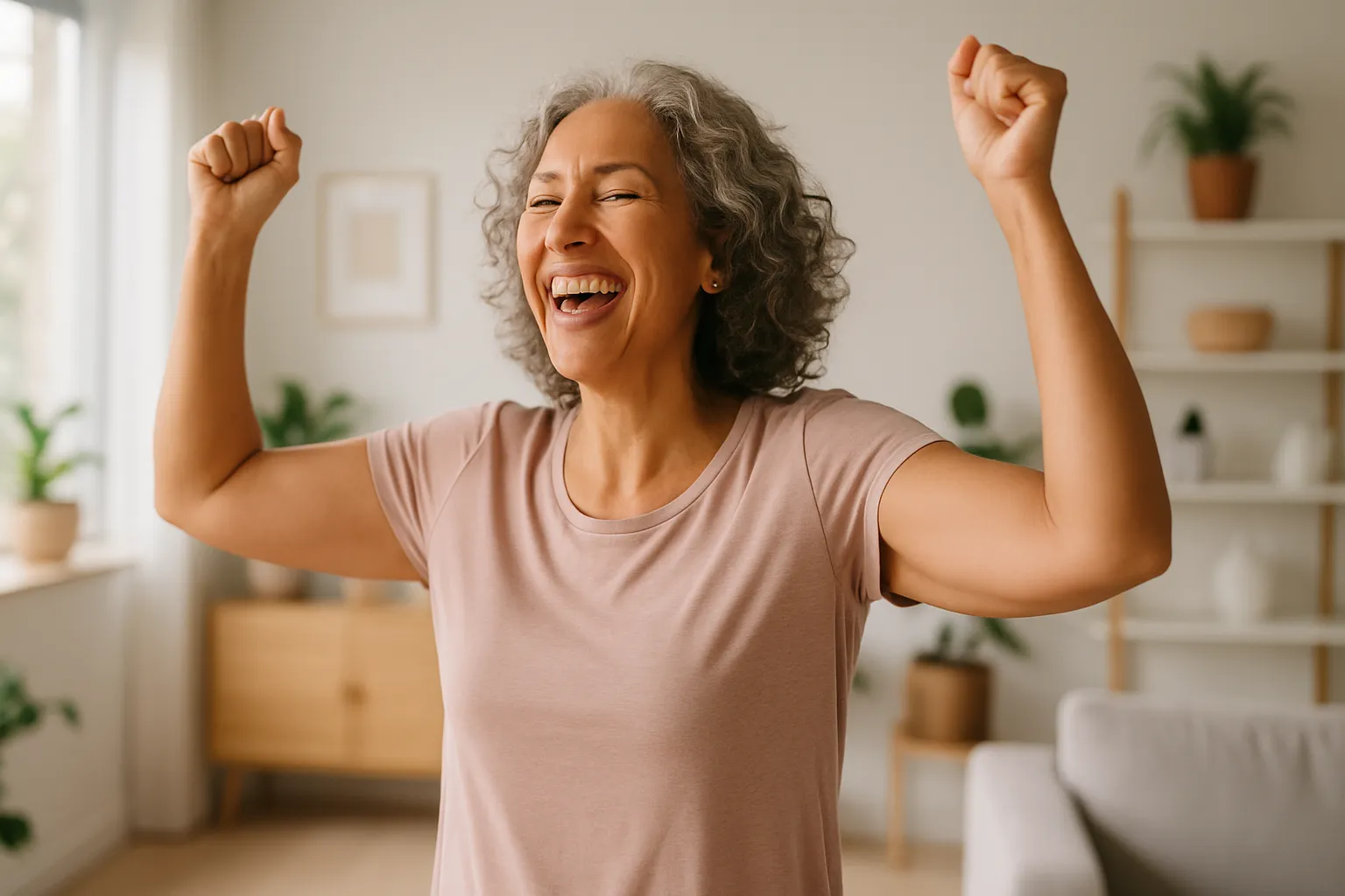 Mulher madura sorrindo com expressão de alívio e energia renovada, representando superação da fibromialgia e recuperação da vitalidade