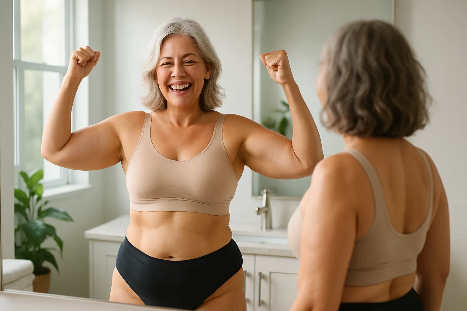 Mulher madura sorrindo confiante em espelho, celebrando resultados do tratamento de lipedema, ambiente de bem-estar matinal